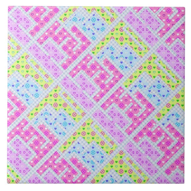 Cute colourful girly geometric graffiti patterns tile (Front)