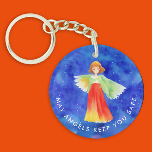 Cute Colourful Guardian Angel Religious Watercolor Keychain