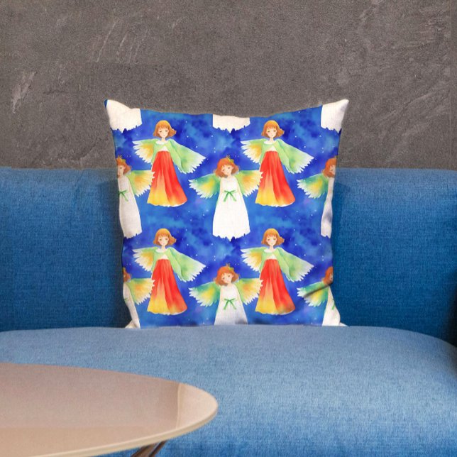 Cute Colourful Guardian Angels Blue Watercolor Kid Throw Pillow (Creator Uploaded)