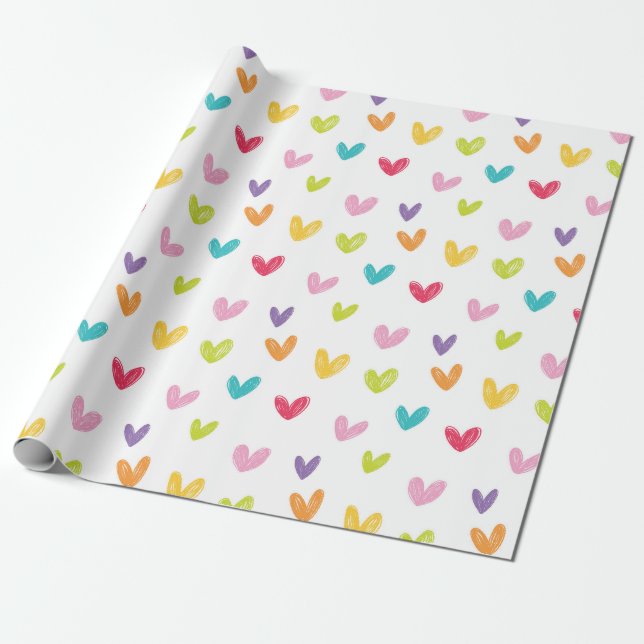 Cute Colourful Hand Drawn Valentines Hearts Patter Wrapping Paper (Unrolled)