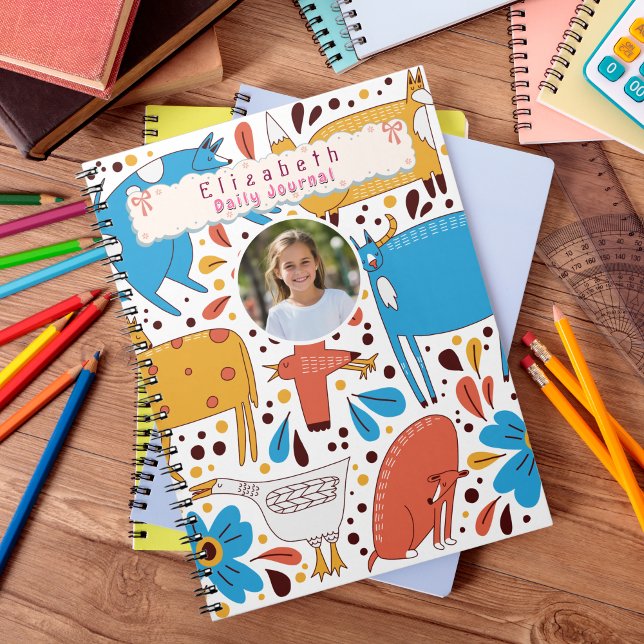 Cute Colourful Handrawing animals Custom Name Phot Notebook (Cute Animal back to school custom notebook)