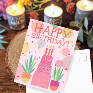 Cute Colourful Happy Birthday Cake Pink Bold Pop Postcard