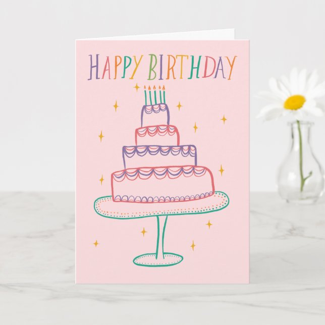 Cute Colourful Happy Birthday Cake Sketch Doodle  Card (Small Plant)