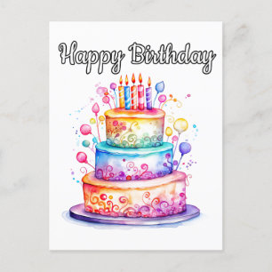 Cute Colourful Happy Birthday Party Cake Postcard