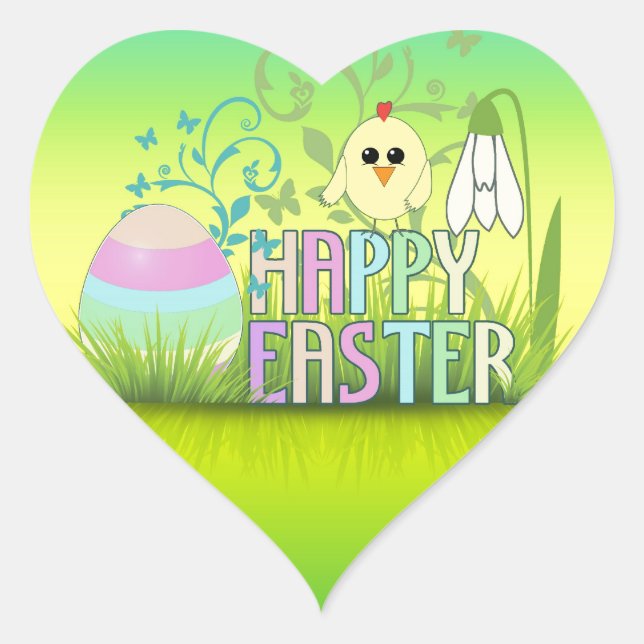 Cute Colourful Happy Easter Egg, Chick and Snowdro Heart Sticker (Front)