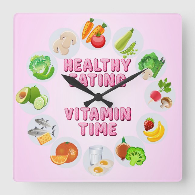 Cute & Colourful Healthy Eating Vitamin Time Square Wall Clock (Front)