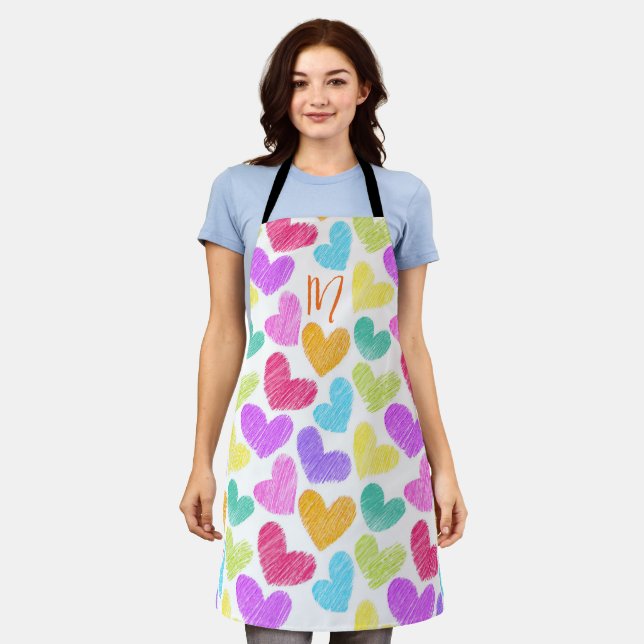 Cute Colourful Heart Pastel Valentine Love Monogra Apron (Worn)