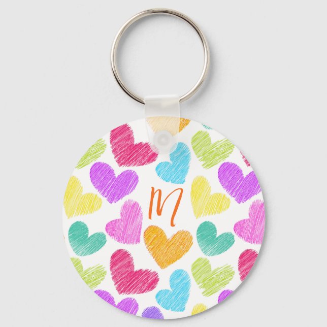 Cute Colourful Heart Pastel Valentine Love Monogra Keychain (Front)