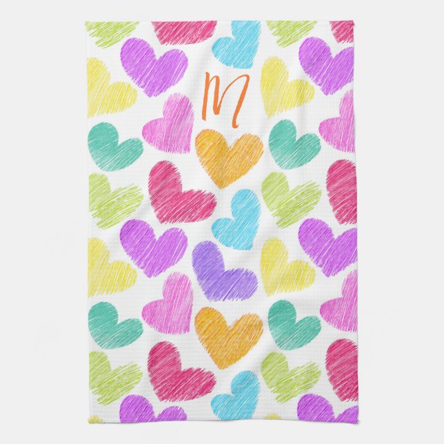 Cute Colourful Heart Pastel Valentine Love Monogra Kitchen Towel (Vertical)