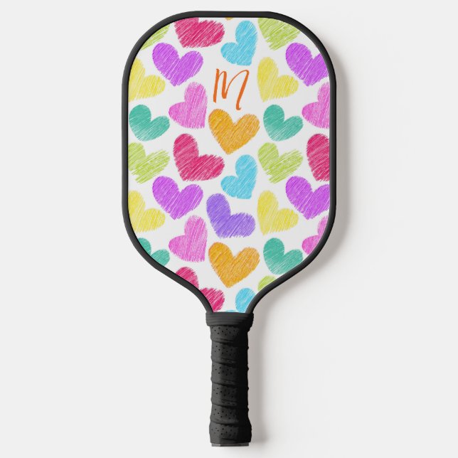 Cute Colourful Heart Pastel Valentine Love Monogra Pickleball Paddle (Front)