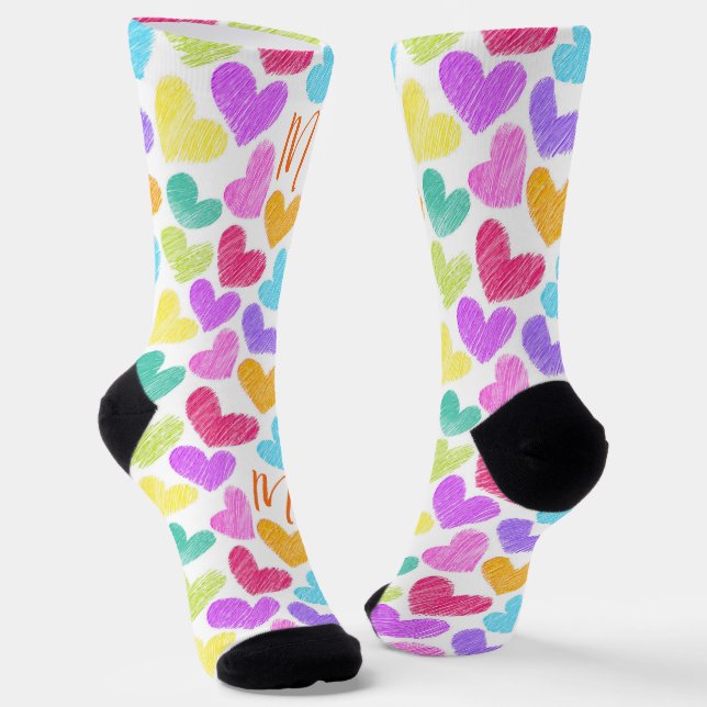 Cute Colourful Heart Pastel Valentine Love Monogra Socks (Angled)