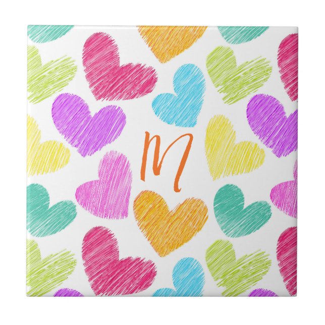 Cute Colourful Heart Pastel Valentine Love Monogra Tile (Front)