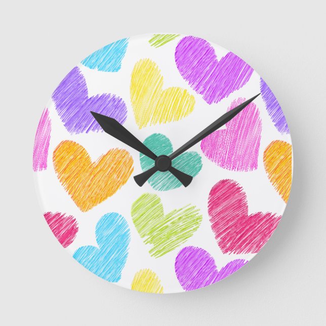 Cute Colourful Heart Pastel Valentine Love Pattern Round Clock (Front)