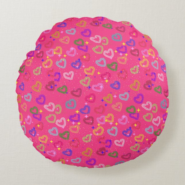 Cute Colourful Heart  Round Pillow (Front)
