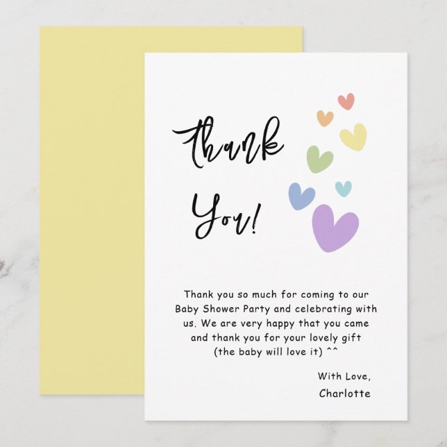 Cute & Colourful Hearts Baby Shower Thank You Card (Front/Back)