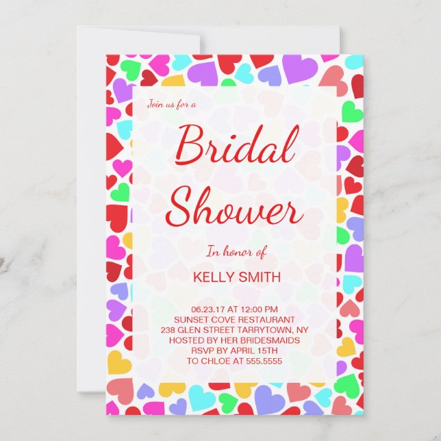 Cute colourful hearts patterns bridal shower invitation (Front)
