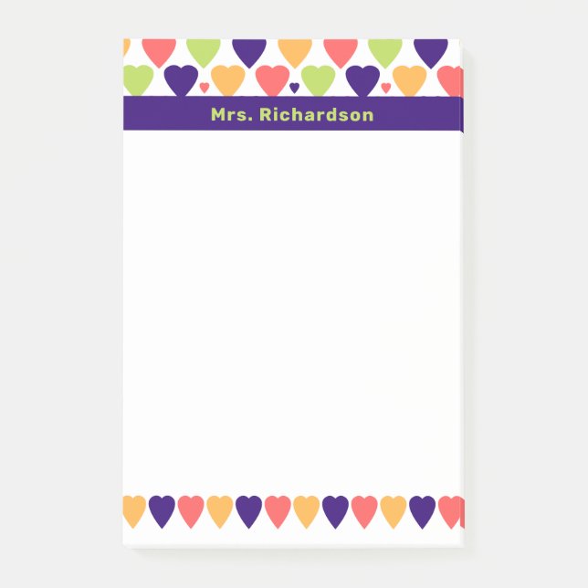 Cute Colourful Hearts Personalized Name School Post-it Notes (Front)