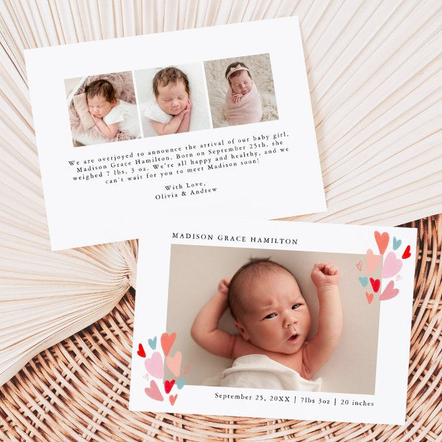 Cute Colourful Hearts Photo Birth Announcement (Creator Uploaded)
