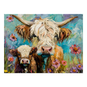 Cute colourful highland cow and calf in a meadow poster