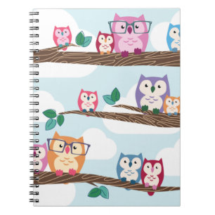 Cute Colourful Hipster Owls on Branches Notebook