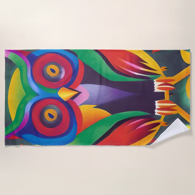 Cute Colourful Holographic Owl  Beach Towel (Front)