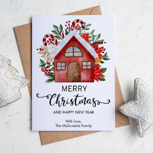 Cute Colourful House Merry Christmas Flat Holiday Card