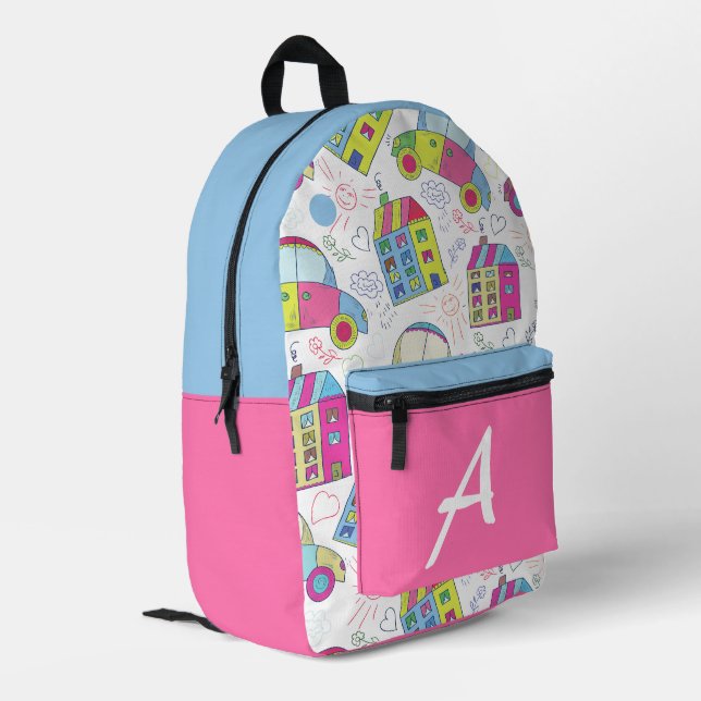 Cute Colourful Houses Monogram Back To School Back Printed Backpack (Back Corner Left)