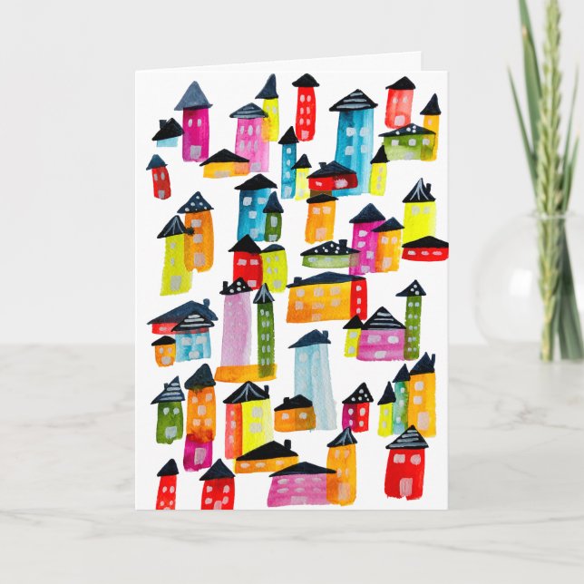 Cute colourful houses watercolor art card (Front)