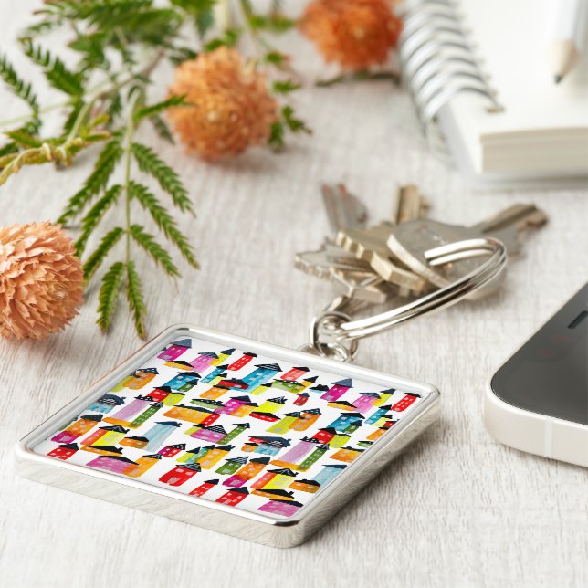 Cute colourful houses watercolor art keychain (Side)