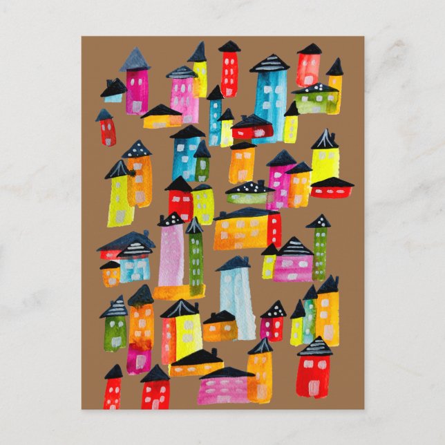 Cute colourful houses watercolor art postcard (Front)