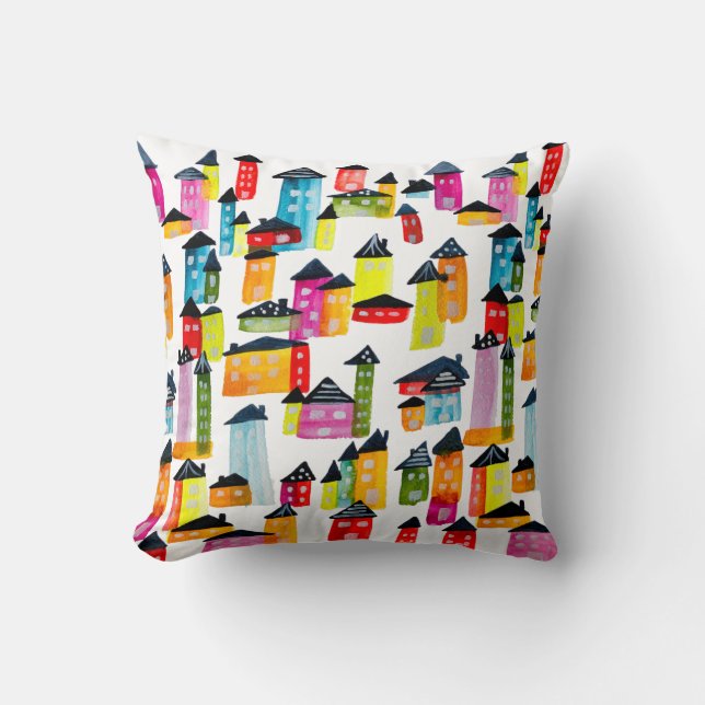 Cute colourful houses watercolor art throw pillow (Front)