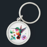 Cute Colourful Hummingbird and flowers Keychain<br><div class="desc">Cute and colourful hummingbird and flowers watercolors illustration. Happy Birthday addition.</div>