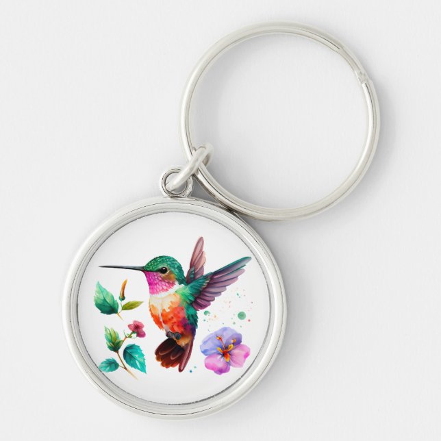 Cute Colourful Hummingbird and flowers Keychain (Front)