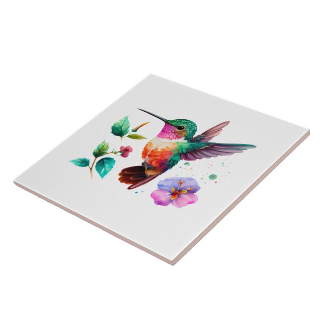 Cute Colourful Hummingbird and flowers Tile (Side)