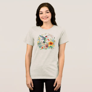 Cute Colourful Hummingbird Floral Wreath Tri-Blend Shirt