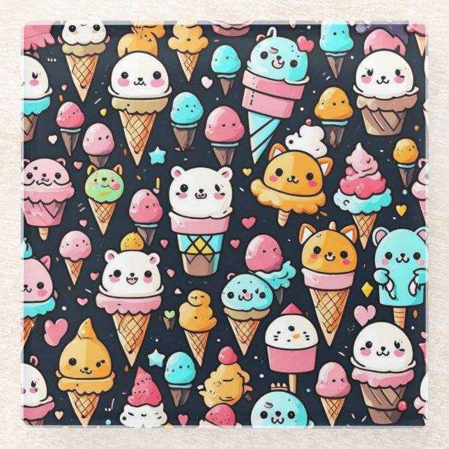 Cute colourful ice cream cones  glass coaster (Front)