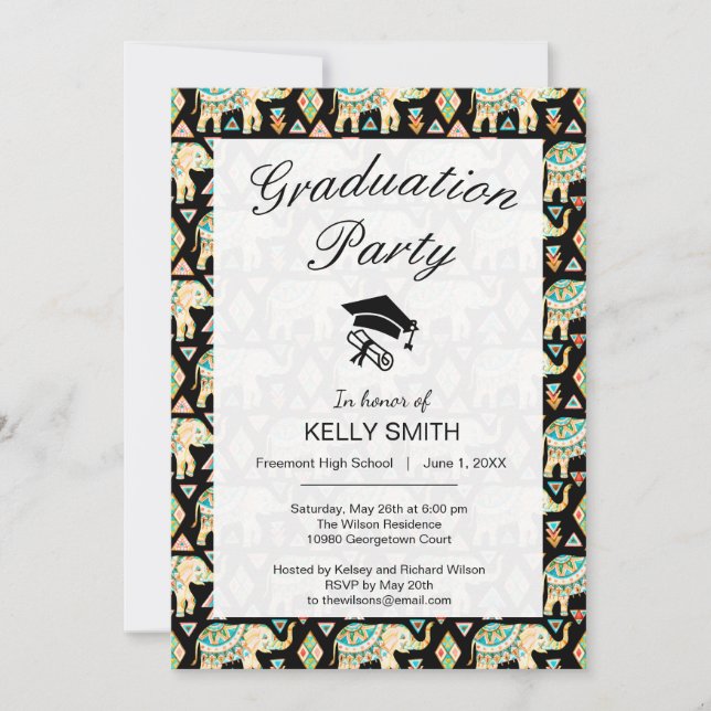 Cute colourful indian elephants graduation party invitation (Front)