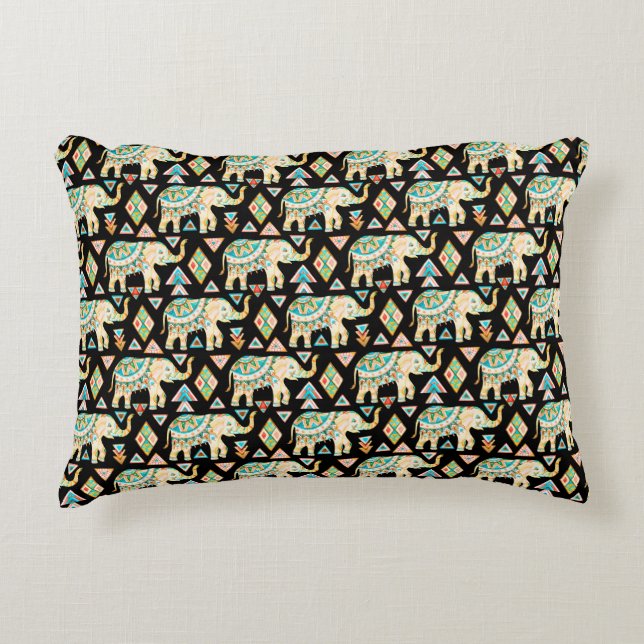 Cute colourful indian elephants pattern decorative pillow (Front)