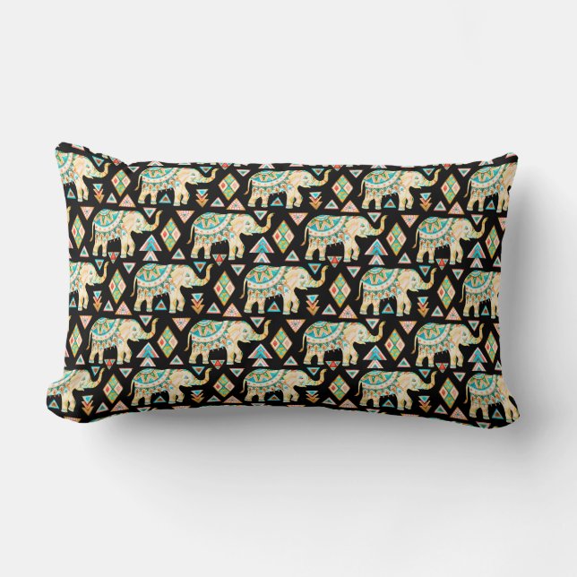 Cute colourful indian elephants pattern lumbar pillow (Front)