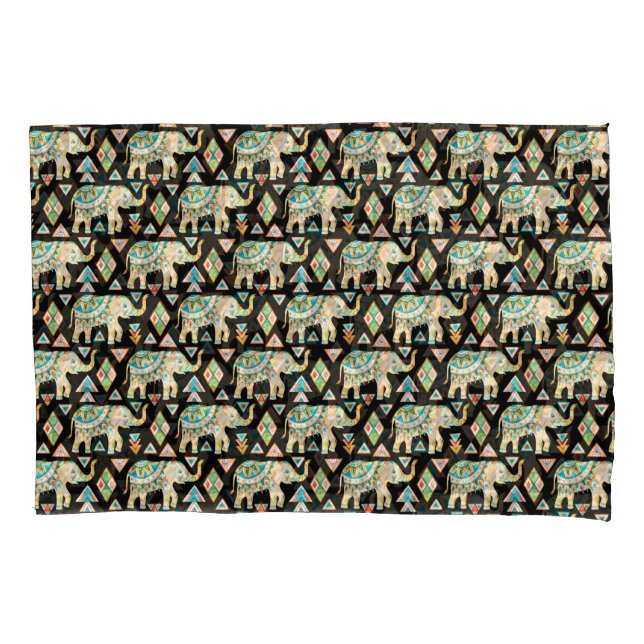 Cute colourful indian elephants pattern pillowcase (Front-Left)