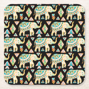 Cute colourful indian elephants pattern square paper coaster
