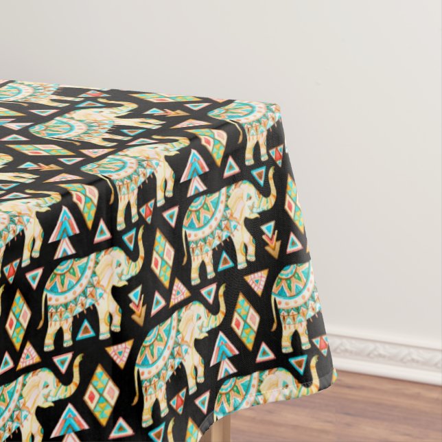 Cute colourful indian elephants pattern tablecloth (In Situ)