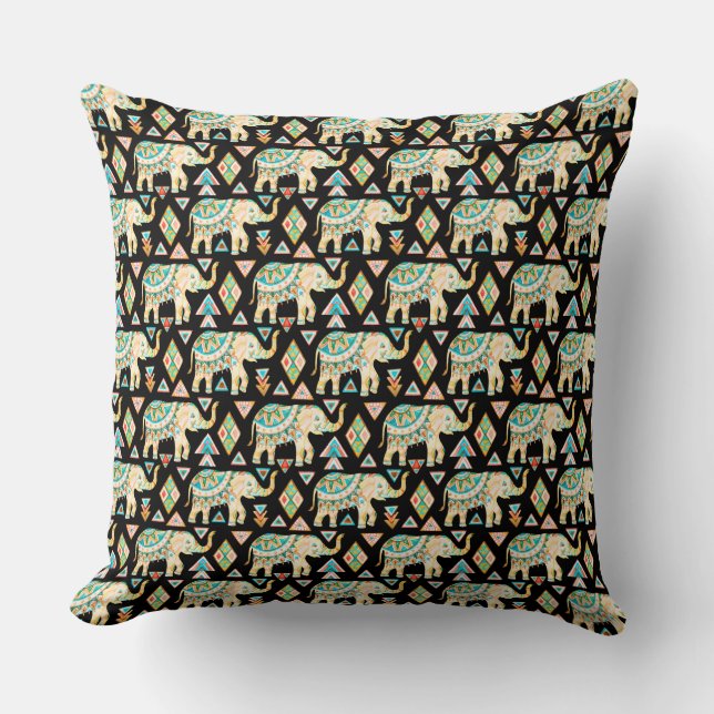 Cute colourful indian elephants pattern throw pillow (Front)