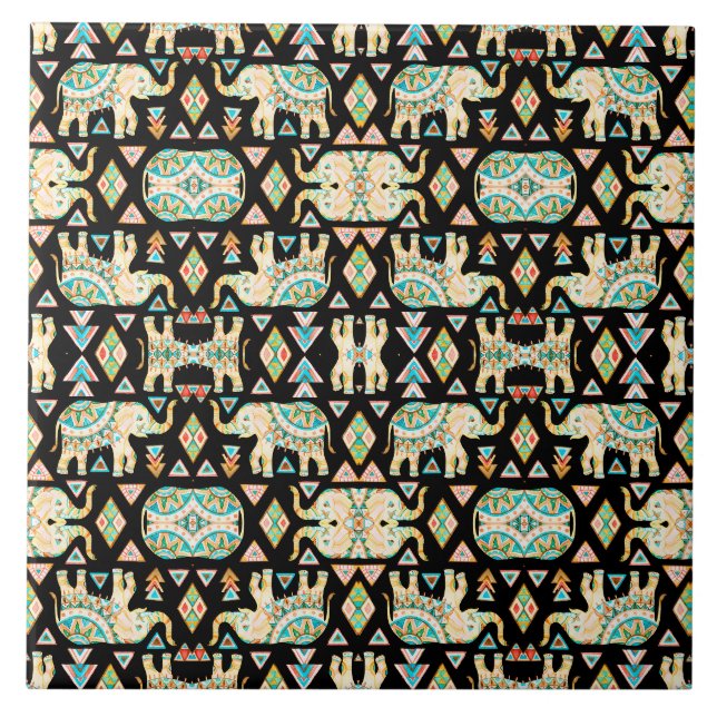 Cute colourful indian elephants pattern tile (Front)