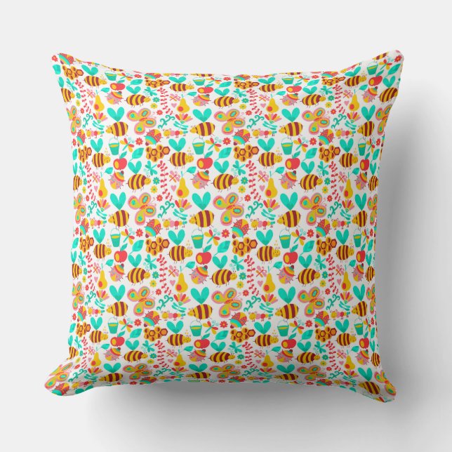 Cute colourful insects patterns throw pillow (Front)