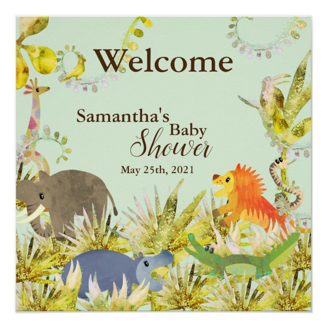 Cute Colourful Jungle Animals Tropical Baby Shower Poster (Front)