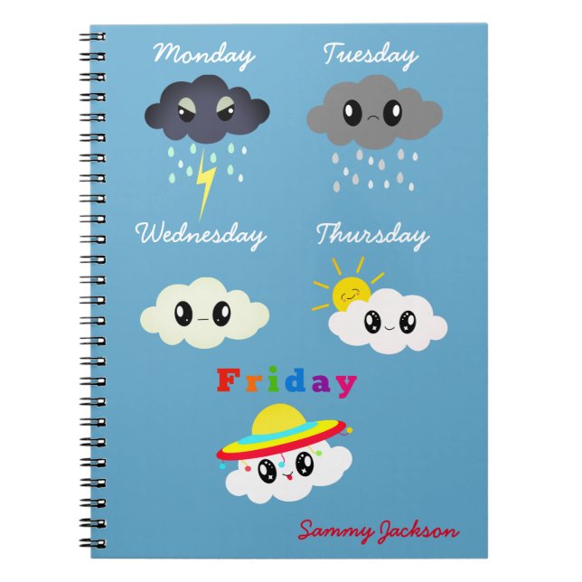 Cute Colourful Kawaii Clouds Weekend TGIF Fri-yay Notebook (Front)