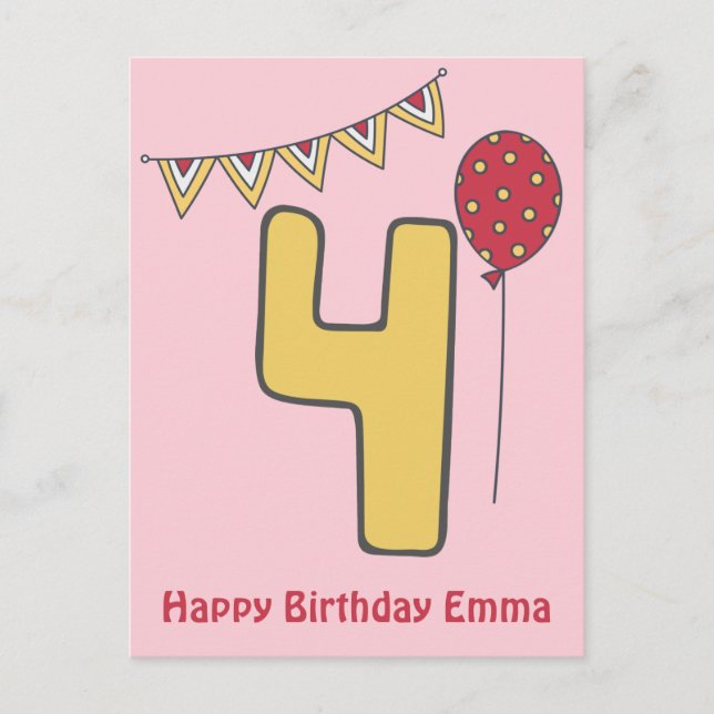 Cute Colourful Kids' 4th Birthday Postcard (Front)