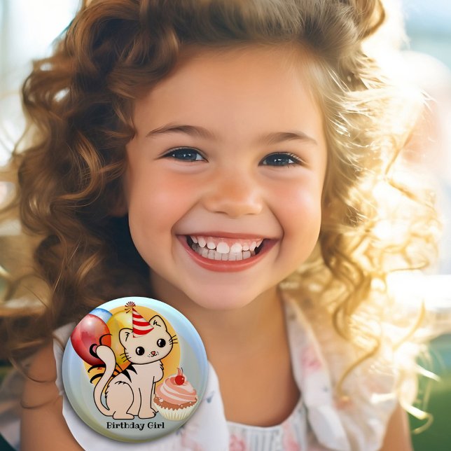 Cute Colourful Kitty Birthday Button (Cute kitty festive birthday button featuring a kitten with balloons and a cupcake - birthday girl)
