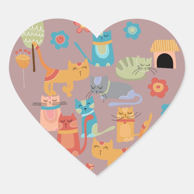 Cute Colourful Kitty Cats Gifts for Cat Lovers Pin Heart Sticker (Front)